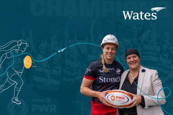 An illustration of a rugby player on the left and a rugby player and Paula Chandler on the right